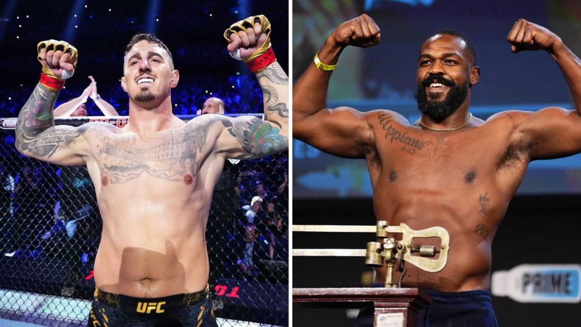Split image of Tom Aspinall about to fight Curtis Blaydes and Jon Jones weighing in for UFC 309