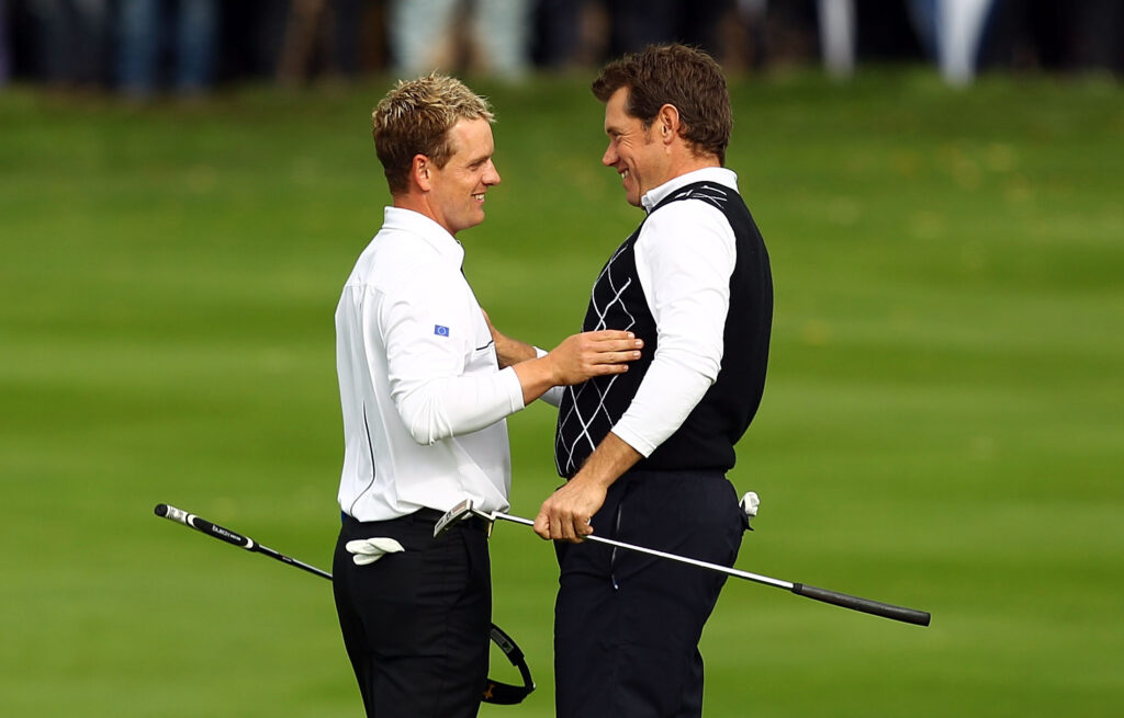 Luke Donald and Lee Westwood celebrate their win at the 2010 Ryder Cup