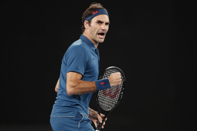 Roger Federer of Switzerland reacts in his fourth round match against Stefanos Tsitsipas of Greece during day seven of the 2019 Australian Open