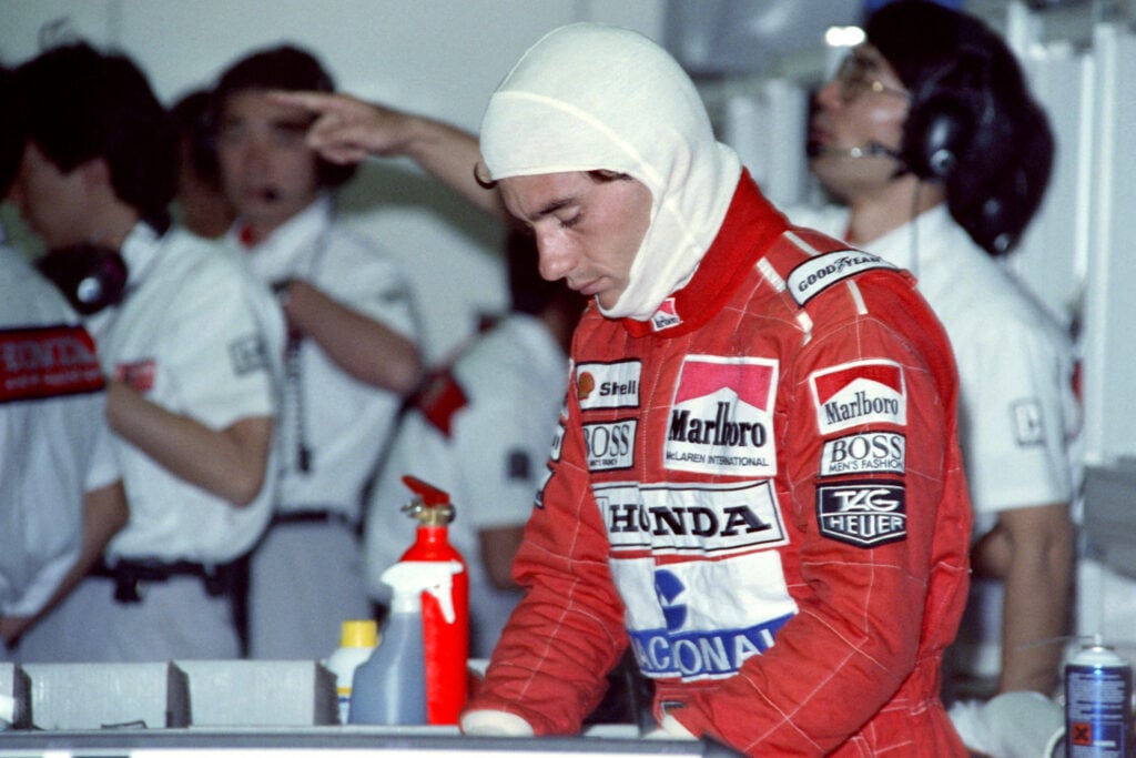 Brazilian driver Ayrton Senna gets ready prior the second time practice for the Australian Grand Prix.