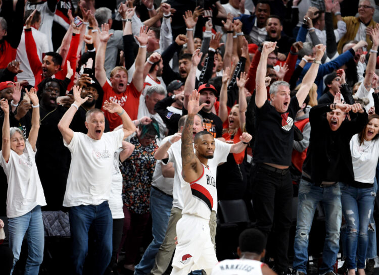 , OREGON - APRIL 23: Damian Lillard #0 of the Portland Trail Blazers waves goodbye to the Oklahoma City Thunder
