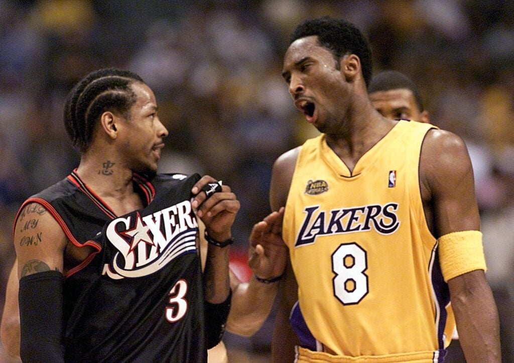 Allen Iverson (L) and Kobe Bryant (R) during their NBA Finals match-up in 2001.