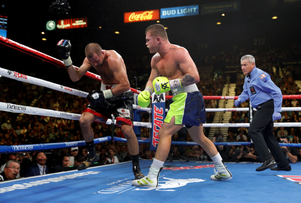 Canelo Alvarez knocks out Sergey Kovalev in their 2019 bout.