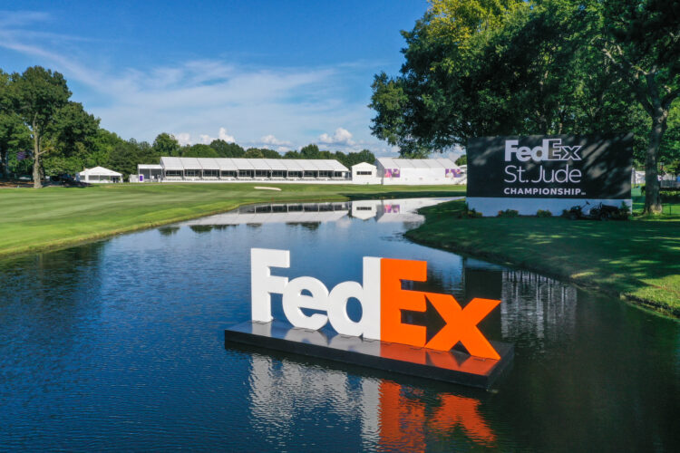 Aerial view of the FedEx signage in the water at the FedEx St. Jude Championship