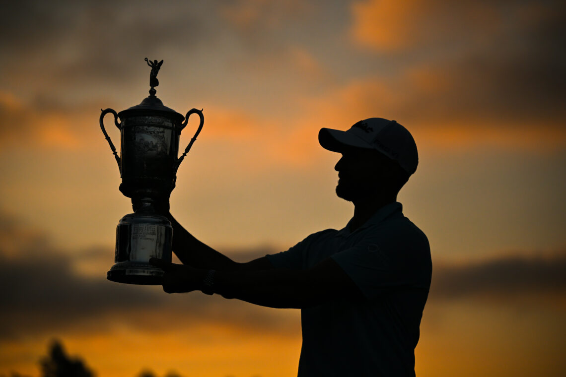 Wyndham Clark lifts the US Open Championship trophy 2023