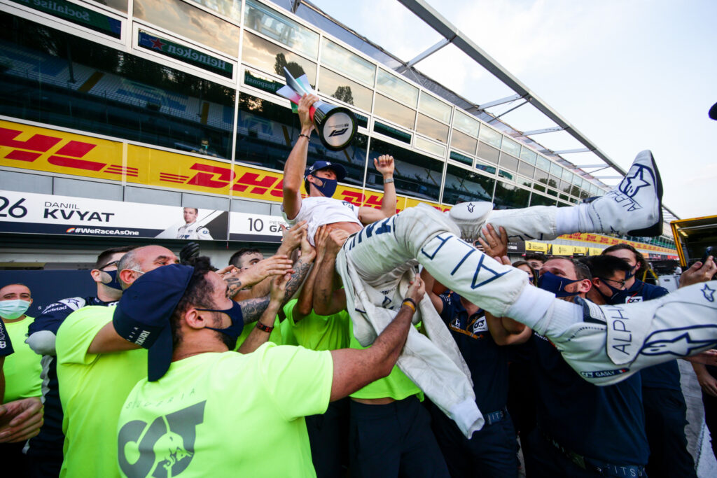 Pierre Gasly of Scuderia AlphaTauri and France celebrates with the team