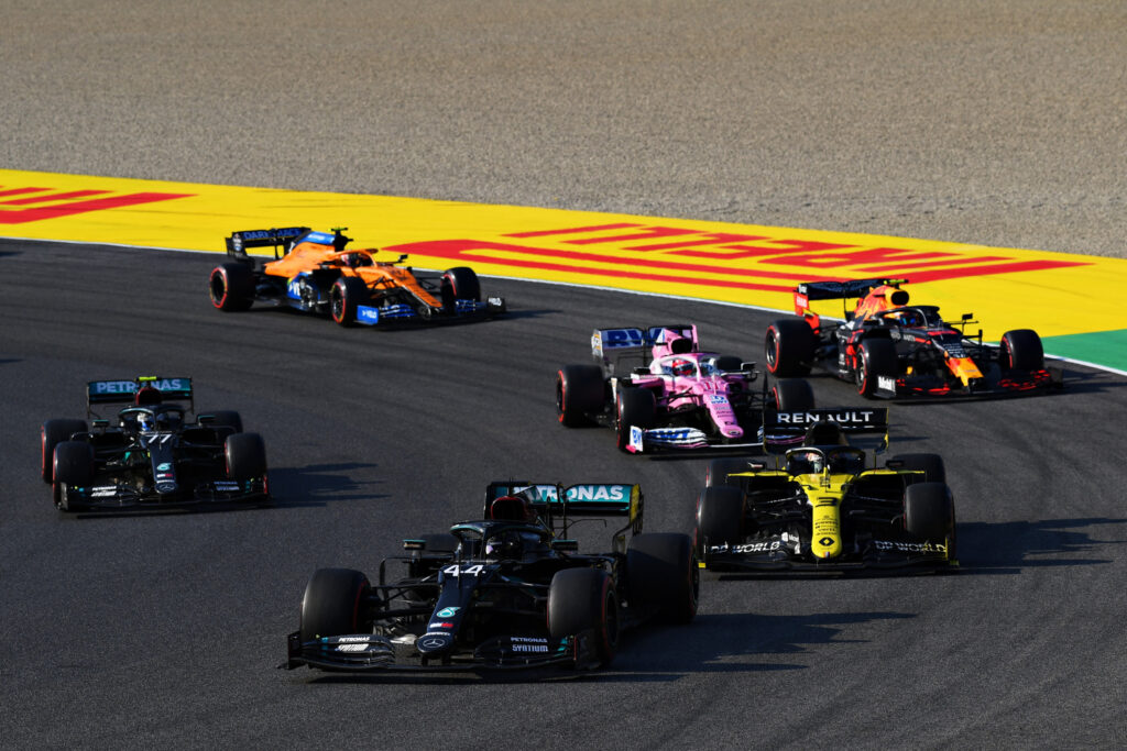 Lewis Hamilton's Mercedes leads five other Formula 1 cars around the Mugello Circuit during the 2020 Tuscan Grand Prix