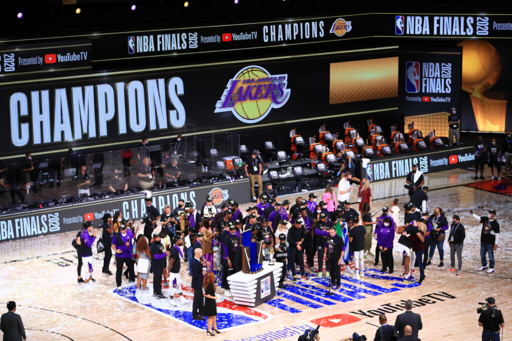 Los Angeles Lakers celebrate with the trophy after winning the 2020 NBA Championship