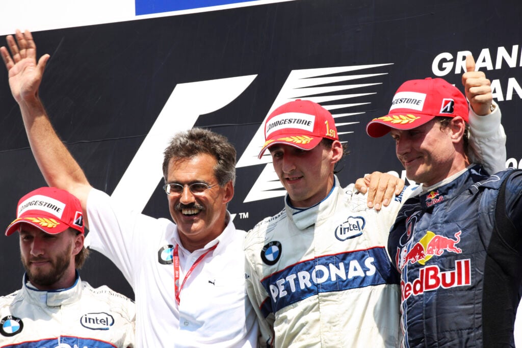 Robert Kubica, Nick Heidfeld and David Coulthard on the podium after the 2008 Canadian Grand Prix.