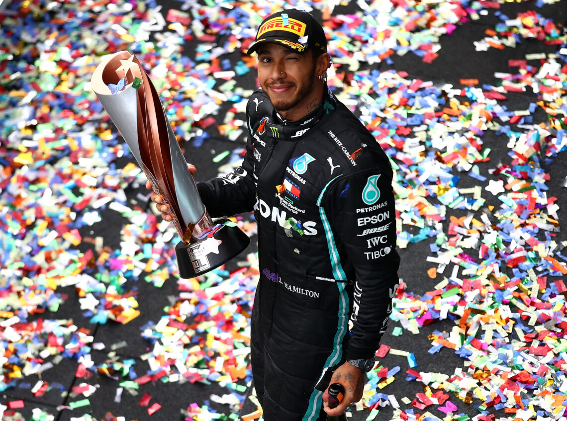 Lewis Hamilton celebrates after winning his seventh World Championship at the Turkish Grand Prix in 2020.