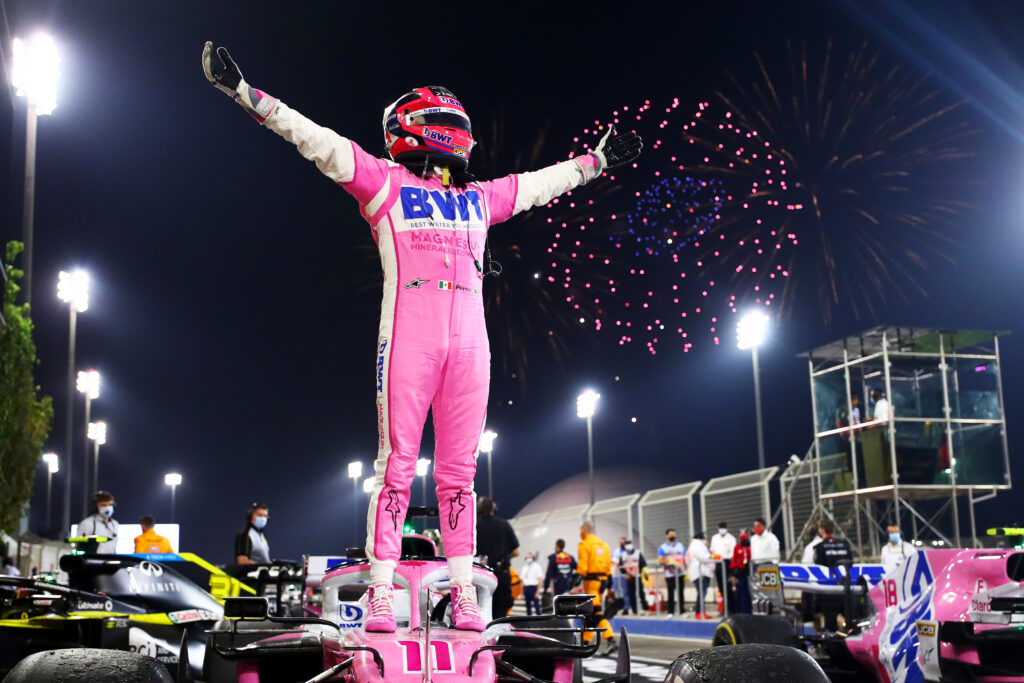 Race winner Sergio Perez of Mexico and Racing Point celebrates in parc ferme after the 2020 Sakir Grand Prix