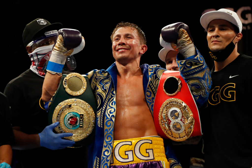 Gennadiy Golovkin celebrates defeating Kamil Szeremeta in their IBF Middleweight title bout