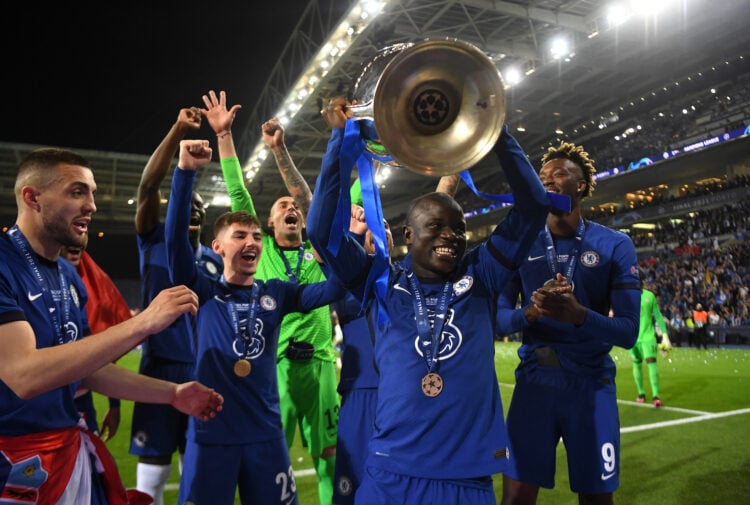 N'Golo Kante celebrating Chelsea's Champions League triumph in 2021.
