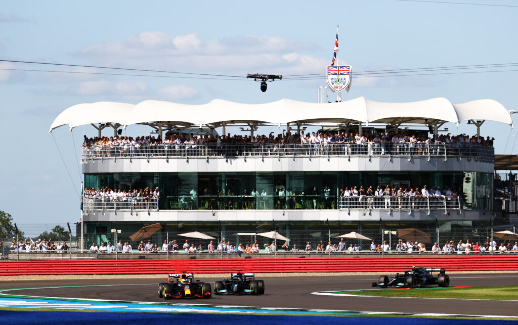 Red Bull's Max Verstappen leads Mercedes' Lewis Hamilton on track during the Silverstone Sprint at the 2021 F1 British Grand Prix