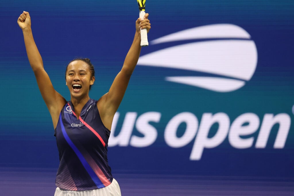 Leylah Fernandez celebrating her win over Naomi Osaka at the 2021 US Open