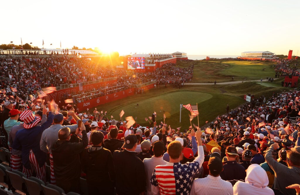 Fans gather in the first tee grandstands at the 2021 Ryder Cup
