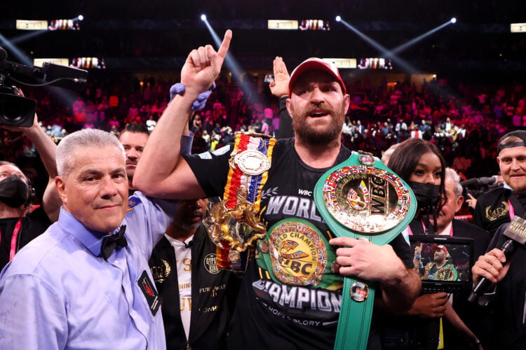 Tyson Fury celebrates his win against Deontay Wilder