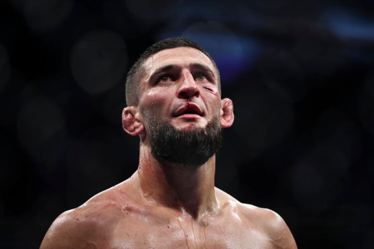 Khamzat Chimaev reacts after defeating Gilbert Burns