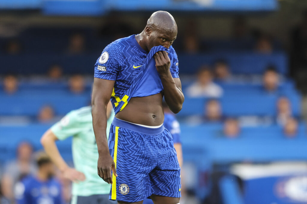 Romelu Lukaku looks frustrated while playing for Chelsea against Leicester City in the Premier League.