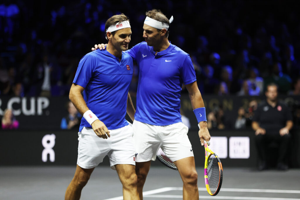 Roger Federer and Rafael Nadal performing as a doubles team at the Laver Cup in 2022