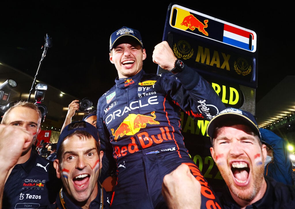 Max Verstappen celebrates winning the 2022 Formula 1 World Championship after the Japanese Grand Prix.