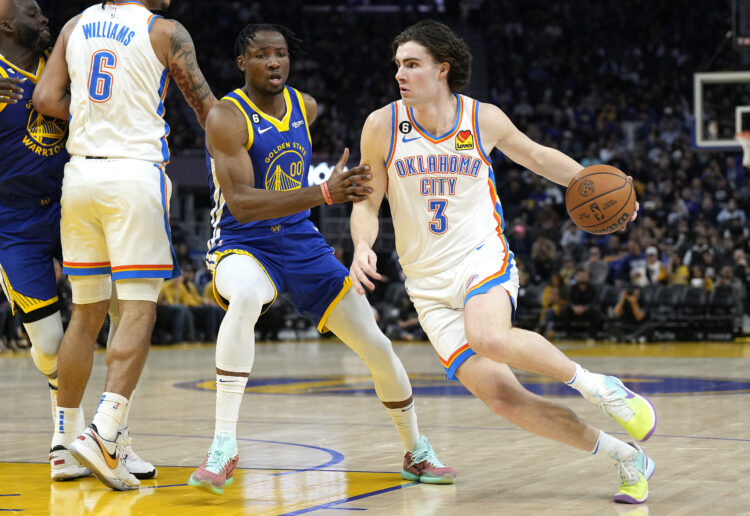 Josh Giddey #3 of the Oklahoma City Thunder drives to the basket on Jonathan Kuminga #00 of the Golden State Warriors