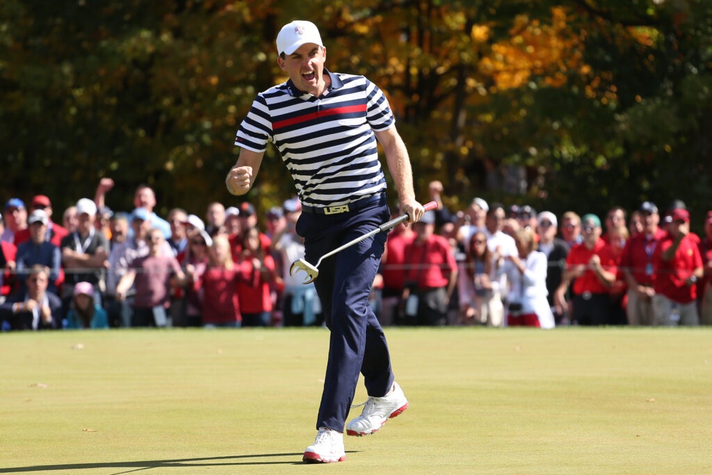 Keegan Bradley of the USA celebrates a putt at the 2012 Ryder Cup.