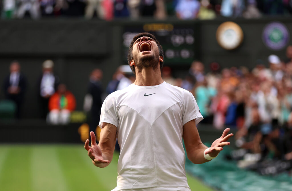 Carlos Alcaraz of Spain celebrates winning Wimbledon in 2023