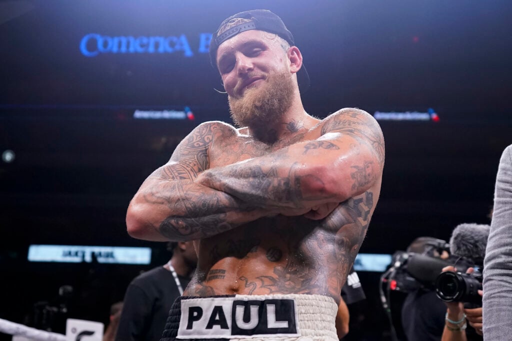 Jake Paul celebrates after his win against Nate Diaz in August 2023