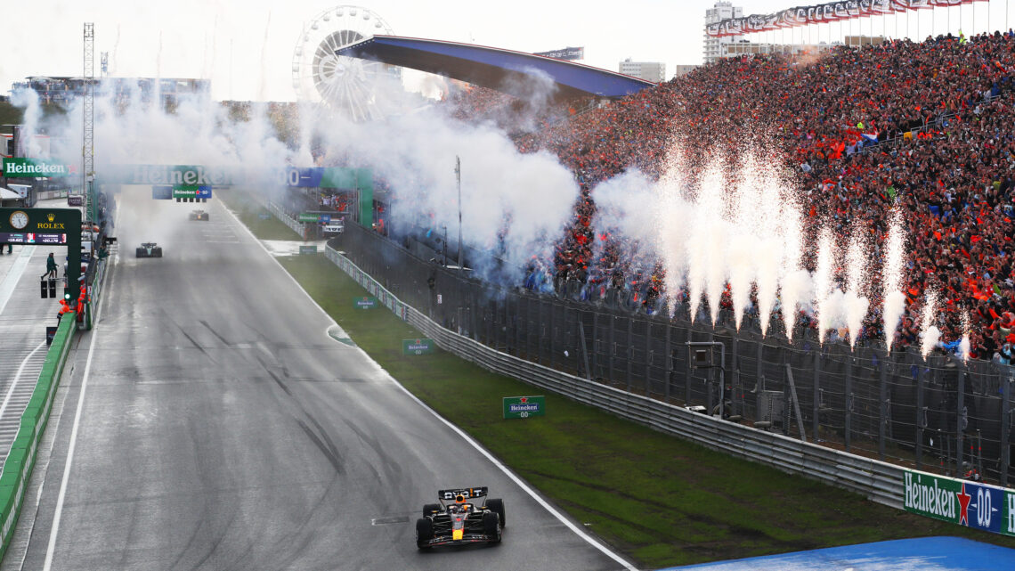 Max Verstappen crosses the line to win the 2023 Dutch Grand Prix