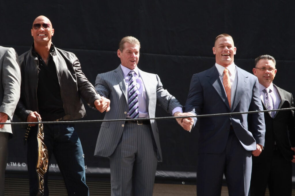 The Rock, John Cena, and Vince McMahon at the WrestleMania 29 Press Conference