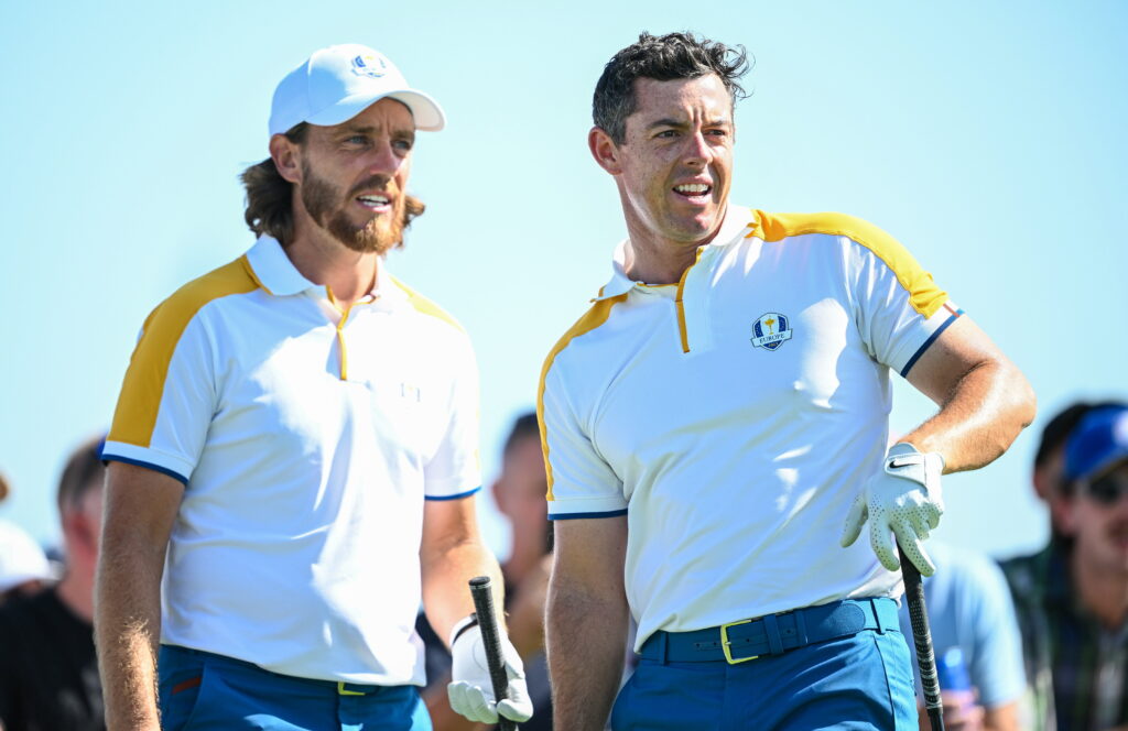 Rory McIlroy, right, and Tommy Fleetwood of Europe on the 18th tee box during a practice round before the 2023 Ryder Cup at Marco Simone Golf and Country Club in Rome, Italy