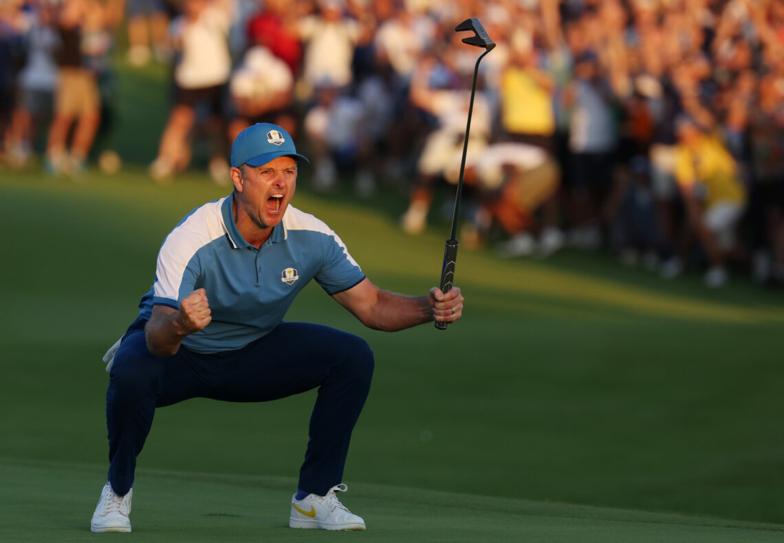 Justin Rose of Team Europe celebrates at the 2023 Ryder Cup.