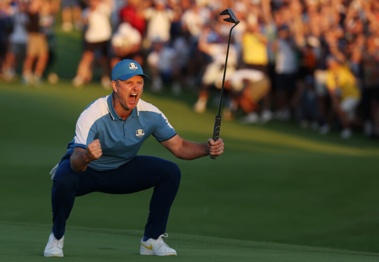 Justin Rose of Team Europe celebrates at the 2023 Ryder Cup.