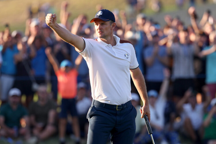 Justin Rose of Team Europe celebrates winning his match during the 2023 Ryder Cup