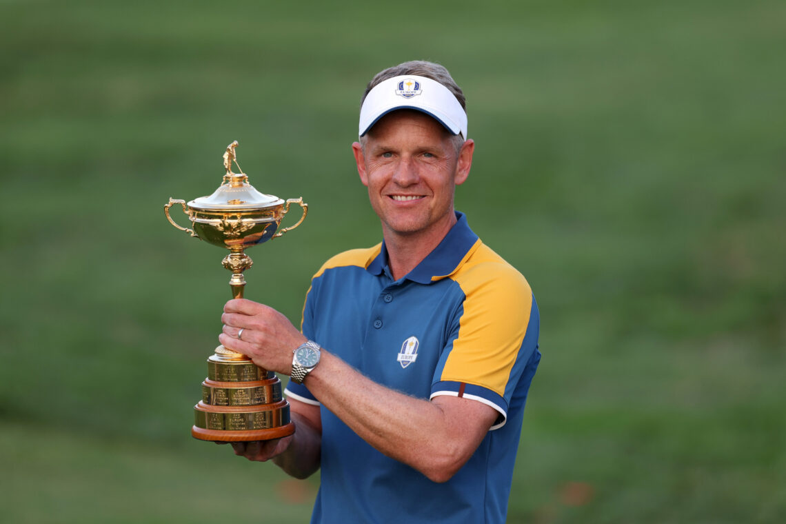 Team Europe Captain Luke Donald holds the Ryder Cup trophy