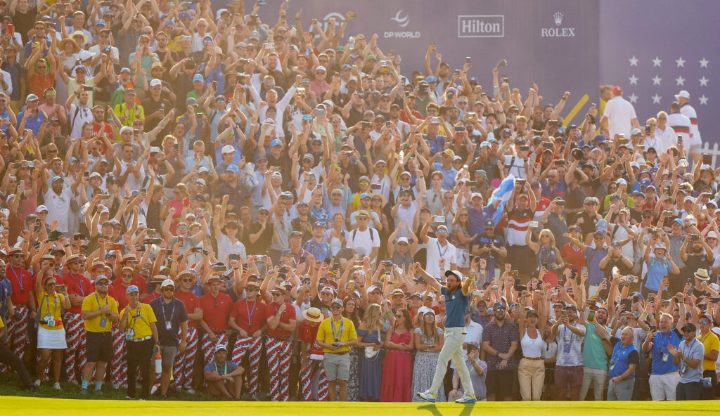Tommy Fleetwood of Team Europe celebrates after clinching Team Europe's victory of The Ryder Cup