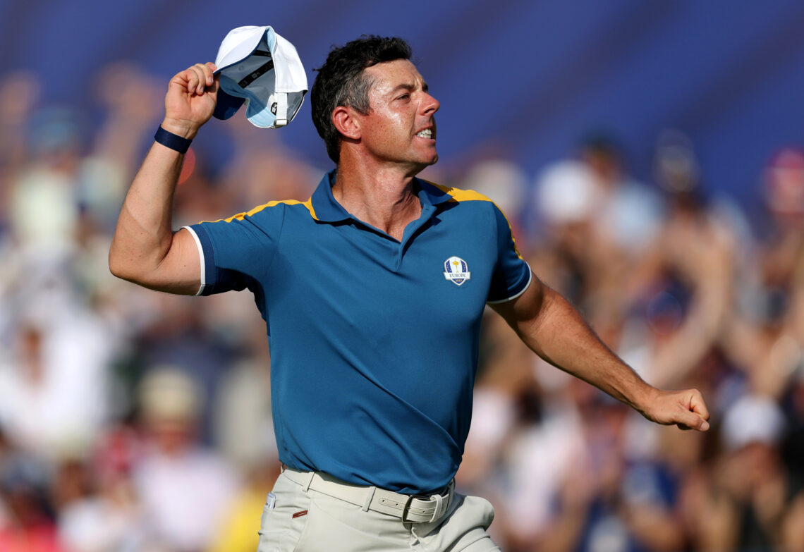 Rory McIlroy of Team Europe celebrates at the 2023 Ryder Cup