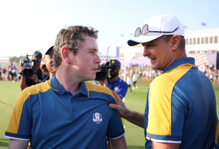 Bob MacIntyre is congratulated by Justin Rose during the 2023 Ryder Cup
