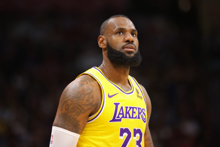 LeBron James #23 of the Los Angeles Lakers looks towards the crowd