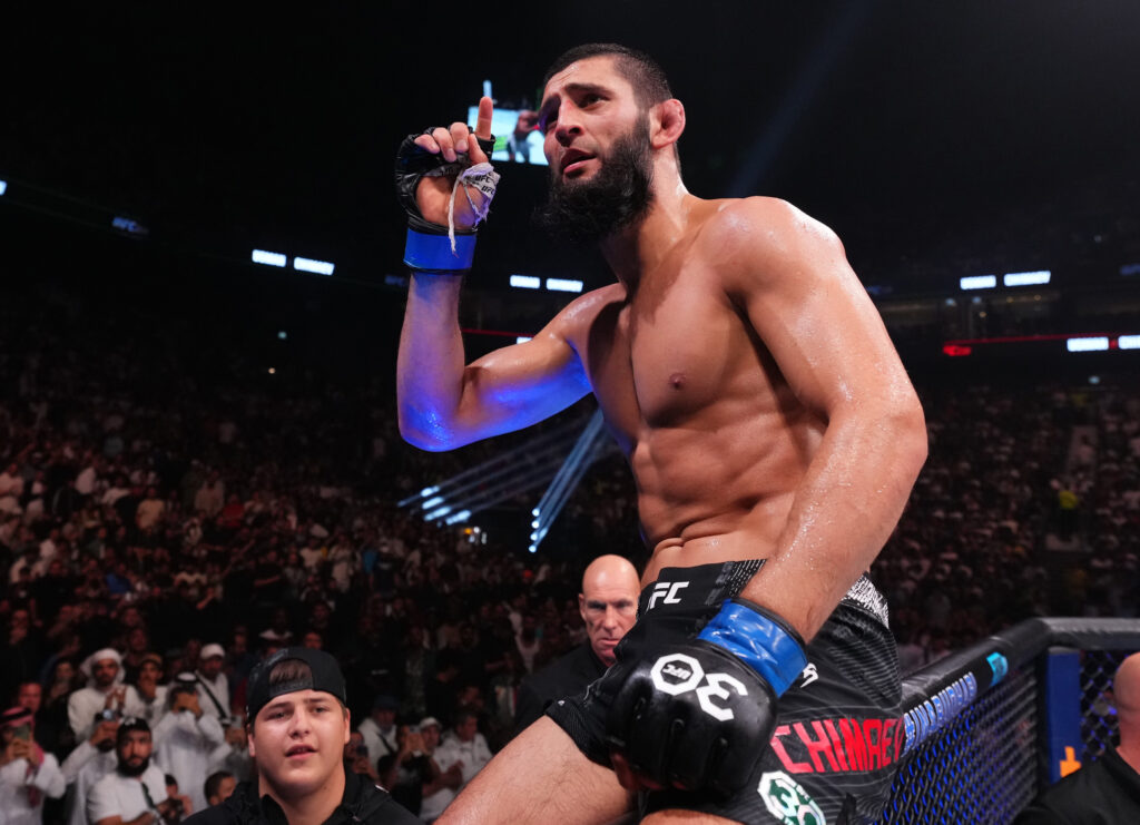 Khamzat Chimaev of the United Arab Emirates reacts after the conclusion of a middleweight fight against Kamaru Usman
