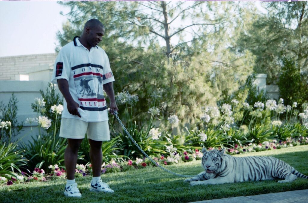 Mike Tyson poses with his pet tiger