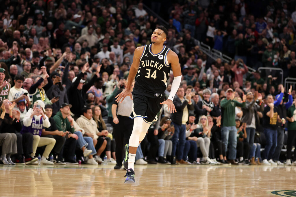 Giannis Antetokounmpo #34 of the Milwaukee Bucks reacts to a score