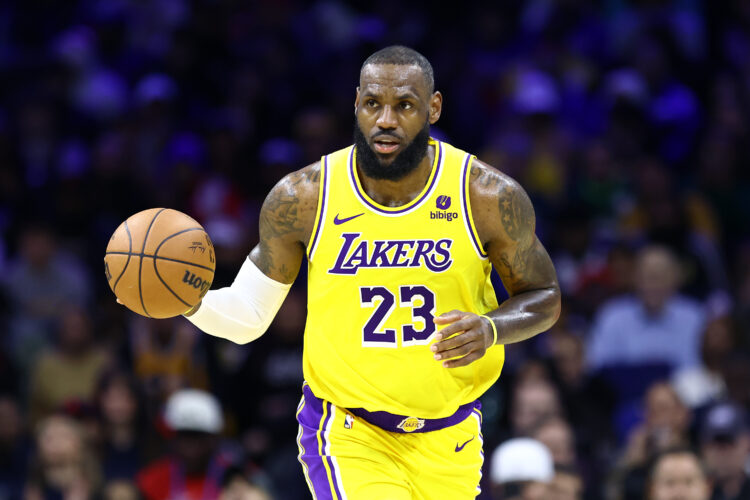 LeBron James #23 of the Los Angeles Lakers dribbles the basketball.