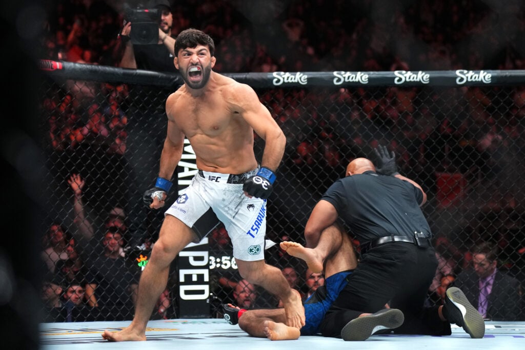 Arman Tsarukyan of Georgia reacts after his KO victory over Beneil Dariush