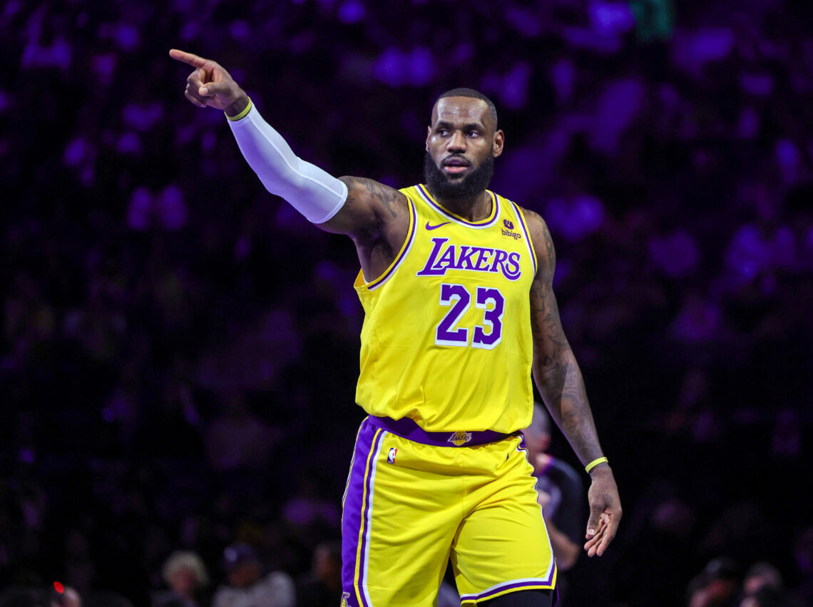 LeBron James of the LA Lakers points to the crowd