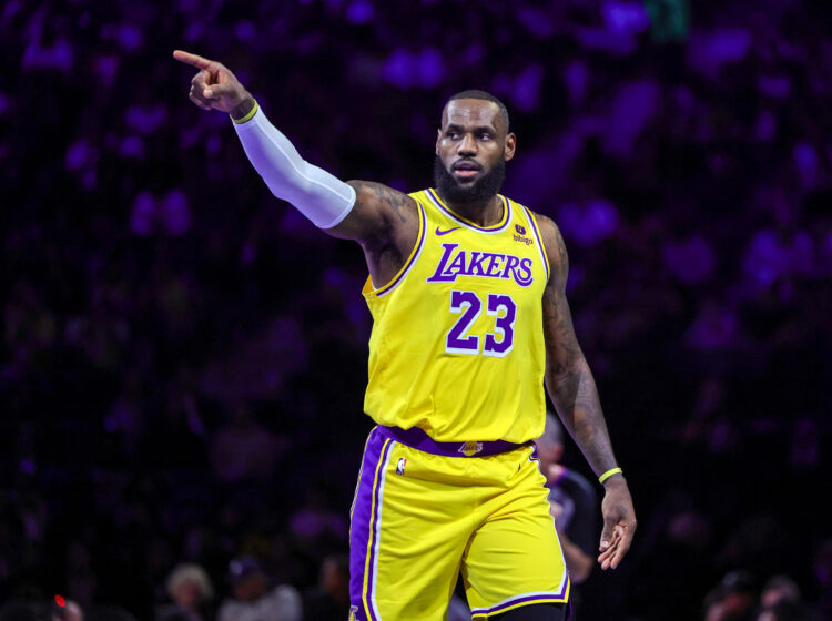 LeBron James of the LA Lakers points to the crowd