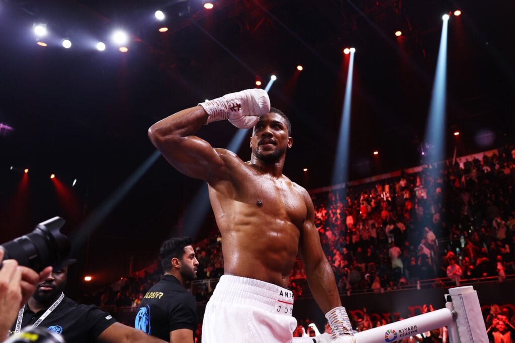 Anthony Joshua celebrates victory over Otto Wallin