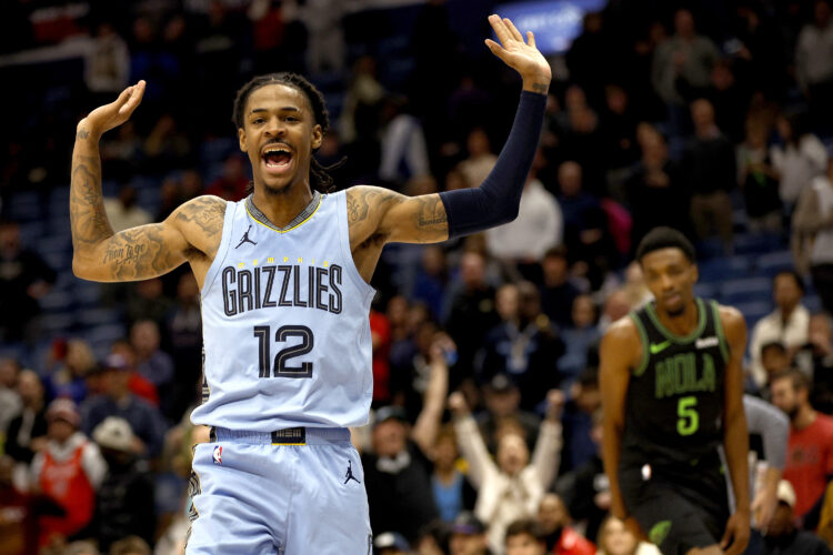 Ja Morant #12 of the Memphis Grizzlies reacts