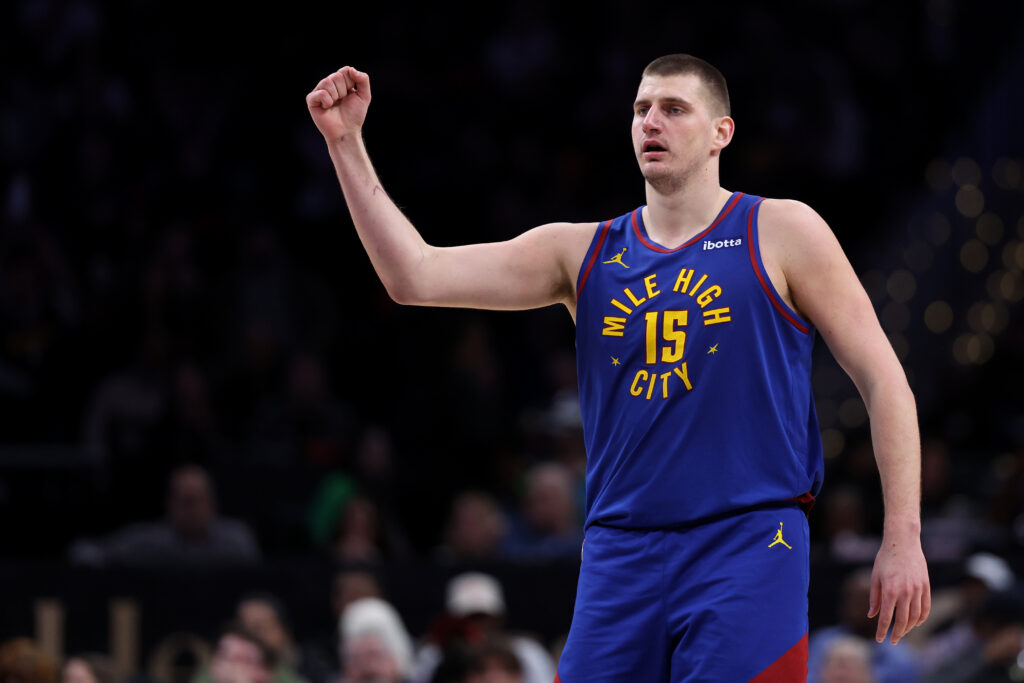 Nikola Jokic #15 of the Denver Nuggets celebrates against the Washington Wizards